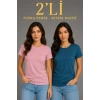 Basic Bisiklet Yaka Yazlık Slim Fit T-Shirt - Pudra Pembe - Petrol Mavi