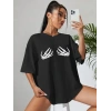 Kadın Baskılı T-Shirt Kısa Kol Bisiklet Yaka Oversize Rahat Kalıp Tişört - Siyah