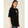 Kadın Papatya Baskılı T-Shirt Kısa Kol Bisiklet Yaka Oversize  Tişört - Siyah