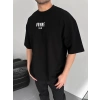 Baskılı Oversize Bisiklet Yaka T-shirt - Siyah