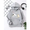 Çocuk Unisex Kapüşonlu Kedicik Baskılı Pamuklu Sweatshirt - Gri