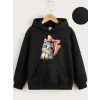 Çocuk Unisex Kapüşonlu Tatlı Kedi Baskılı Sweatshirt - Siyah