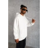 Erkek 3 İplik Pamuklu Kapüşonlu Cepli Düz Oversize Hoodie Sweatshirt - Beyaz