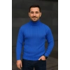 Erkek Balıkcı Yaka Bağazlı Triko Kazak Pamuklu Kalın Fitilli Dokuma, Regular Fit Uzun Kollu Kışlık Model - Saks Mavisi