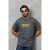 Erkek Kısa Kol Yazlık Tişört Bisiklet Yaka Baskılı Oversize T-Shirt - Füme
