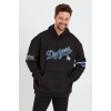 Erkek 3 İplik Pamuklu Kapüşonlu Baskılı Cepli Oversize Sweatshirt Hoodie - Siyah