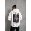 Erkek 3 İplik Pamuklu Kapüşonlu Baskılı Cepli Oversize Sweatshirt Hoodie - Beyaz