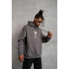 Erkek Baskılı Kapüşonlu 3 iplik pamuklu Hoodie Sweatshirt - Gri