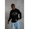 Erkek 3 İplik Pamuklu Kapüşonlu Baskılı Cepli Oversize Sweatshirt Hoodie - Siyah