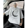 Erkek Baskılı Tişört Kısa Kol Bisiklet Yaka Oversize T-Shirt - Beyaz