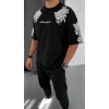 Erkek Kısa Kol Yazlık Tişört Bisiklet Yaka Baskılı Oversize T-Shirt - Siyah