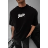 Erkek Kısa Kol Yazlık Tişört Bisiklet Yaka Baskılı Oversize T-Shirt - Siyah