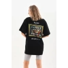 Kadın Kısa Kol Yazlık Tişört Bisiklet Yaka Baskılı Oversize T-Shirt - Siyah
