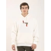 Erkek 3 İplik Pamuklu Kapüşonlu Baskılı Cepli Oversize Sweatshirt Hoodie - Beyaz