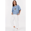 Erkek Baskılı T-Shirt Kısa Kol Bisiklet Yaka Rahat Kalıp Tişört - Mavi