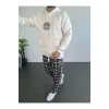 Erkek 3 İplik Pamuklu Kapüşonlu Baskılı Cepli Oversize Sweatshirt Hoodie - Beyaz