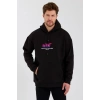 Erkek 3 İplik Pamuklu Kapüşonlu Baskılı Cepli Oversize Sweatshirt Hoodie - Siyah