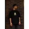 Erkek Kısa Kol Yazlık Tişört Bisiklet Yaka Baskılı Oversize T-Shirt - Siyah