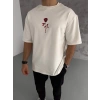 Erkek Kısa Kol Tişört Bisiklet Yaka GÜL Baskılı Oversize T-Shirt - Beyaz
