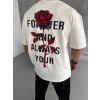 Erkek Kısa Kol Tişört Bisiklet Yaka GÜL Baskılı Oversize T-Shirt - Beyaz