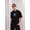 ERKEK Bisiklet Yaka Baskılı Oversize Kısa kol T-Shirt - Siyah