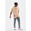 Erkek  Bisiklet Yaka Baskılı Oversize T-Shirt - Bej
