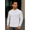 Erkek Bisiklet Yuvarlak Yaka Triko Kazak Pamuklu Kalın Fitilli Dokuma, Regular Fit Uzun Kollu Kışlık Model - Beyaz