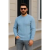 Erkek Bisiklet Yuvarlak Yaka Triko Kazak Pamuklu Kalın Fitilli Dokuma, Regular Fit Uzun Kollu Kışlık Model - Bebe Mavisi