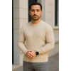Erkek Bisiklet Yuvarlak Yaka Triko Kazak Pamuklu Kalın Fitilli Dokuma, Regular Fit Uzun Kollu Kışlık Model - Bej