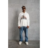Erkek 3 İplik Pamuklu Kapüşonlu Baskılı Cepli Oversize Sweatshirt Hoodie - Beyaz