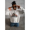Erkek 3 İplik Pamuklu Kapüşonlu Baskılı Cepli Oversize Sweatshirt Hoodie - Beyaz