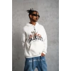 Erkek 3 İplik Pamuklu Kapüşonlu Baskılı Cepli Oversize Sweatshirt Hoodie - Beyaz