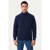 Erkek Dik Yaka Sweatshirt Dik Yaka Yarım Fermuarlı 3 İplik Şardonlu Pamuk Kumaş - Lacivert
