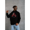 Erkek Kapüşonlu Cepli Box Eldiven Baskılı 3 İplik Sweatshirt Hoodie - Siyah