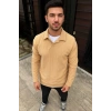 Erkek Fitilli Polar Sweatshirt Düğmesiz Yaka Oversize - Bej