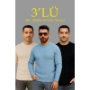 Erkek Fitilli Triko Bisiklet Yaka Kalın Kazak 3lü Set Bej-Bebek Mavisi-Siyah