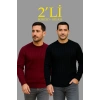 Erkek Fitilli Triko Kazak 2’li Set Siyah Bordo Kalın Dokuma Pamuklu Regular Fit Bisiklet