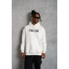 Erkek 3 İplik Pamuklu Kapüşonlu Baskılı Cepli Oversize Sweatshirt Hoodie - Beyaz