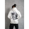 Erkek 3 İplik Pamuklu Kapüşonlu Baskılı Cepli Oversize Sweatshirt Hoodie - Beyaz
