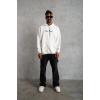 Erkek 3 İplik Pamuklu Kapüşonlu Baskılı Cepli Oversize Sweatshirt Hoodie - Beyaz