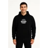 Erkek Kapüşonlu Kanguru Cepli Sweatshirt 3 İplik Pamuklu Baskılı Hoodie -  Siyah