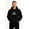 Erkek Kapüşonlu Kanguru Cepli Sweatshirt 3 İplik Pamuklu Baskılı Hoodie -  Siyah