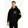 Erkek Kapüşonlu Kanguru Cepli Sweatshirt 3 İplik Pamuklu Baskılı Hoodie - Siyah