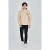 Erkek 3 İplik Pamuklu Fermuarlı Kapüşonlu Kanguru Cepli Baskılı Hoodie Hırka Sweatshirt - Bej