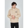 Erkek 3 İplik Pamuklu Fermuarlı Kapüşonlu Kanguru Cepli Baskılı Hoodie Hırka Sweatshirt - Bej