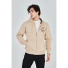 Erkek 3 İplik Pamuklu Fermuarlı Kapüşonlu Kanguru Cepli Baskılı Hoodie Hırka Sweatshirt - Bej