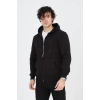 Erkek 3 İplik Pamuklu Fermuarlı Kapüşonlu Kanguru Cepli Hoodie Hırka Sweatshirt - Siyah