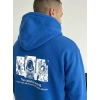 Erkek Kapüşonlu Oversize Hoodie – Üç İplik Pamuklu, Astronot Temalı Renkli Dünya Baskılı, Kanguru Cepli Premium Sweatshirt - Saks Mavi