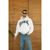 Erkek Kapüşonlu 3 İplik Şardonlu Önü Baskılı Fermuarlı Oversize Sweatshirt - Beyaz