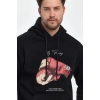 Erkek 3 İplik Pamuklu Kapüşonlu Cepli Boxy Eldiven Baskılı Hoodie Sweatshirt - Siyah
